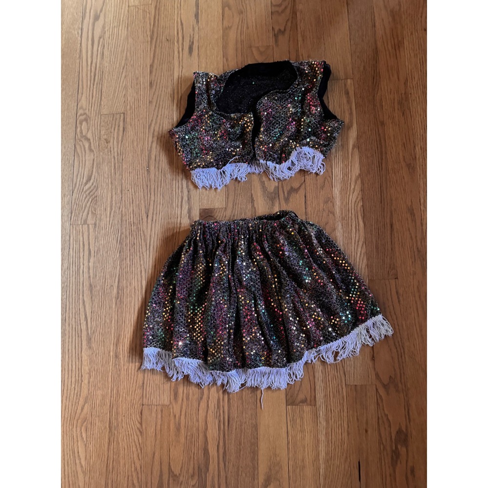 Kids Custom Sequin Dance Costume Set Vest Skirt Rainbow Sparkle Fringe Jazz Tap